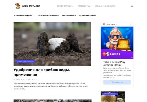 Screenshot сайта grib-info.ru на компьютере