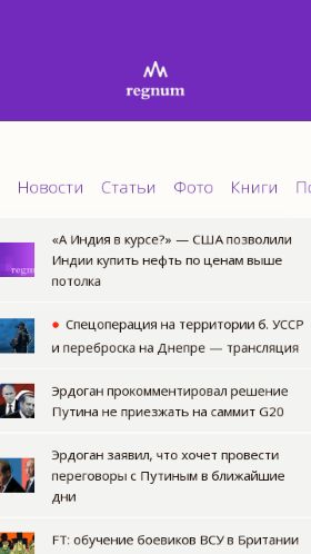 Screenshot cайта regnum.ru на мобильном устройстве