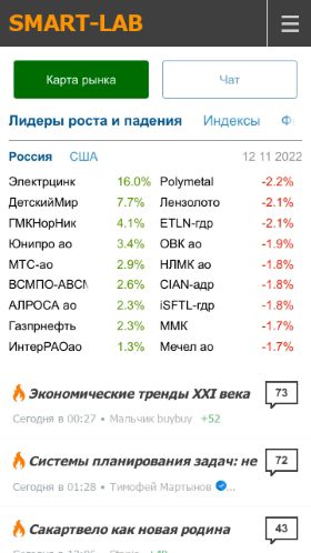 Screenshot cайта smart-lab.ru на мобильном устройстве